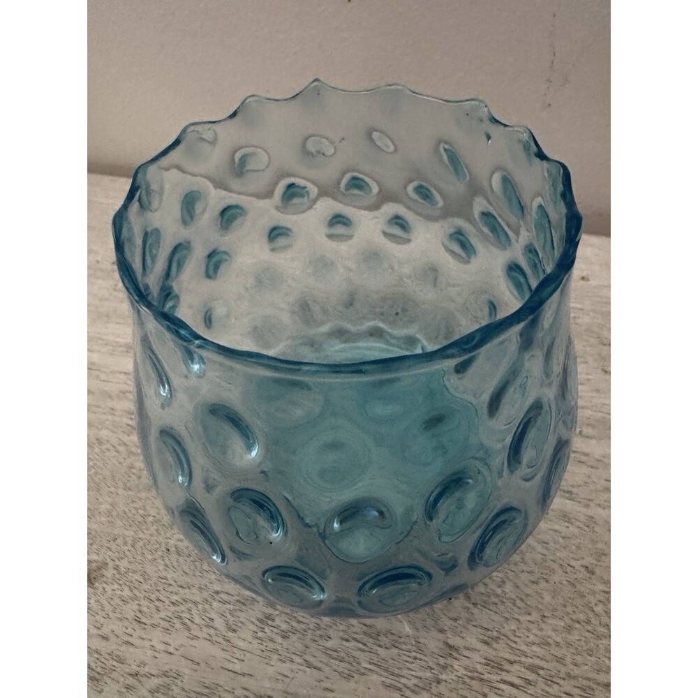 Vintage Borske Sklo Czech Blue Glass Optical Olives Coin Dot Vase MCM